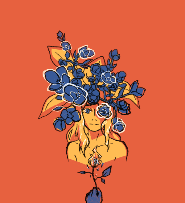 A red background has the subject in the middle. The subject is a golden yellow with long hair, their head topped with a bushels of blue flowers. A burning flower appears from the bottom.