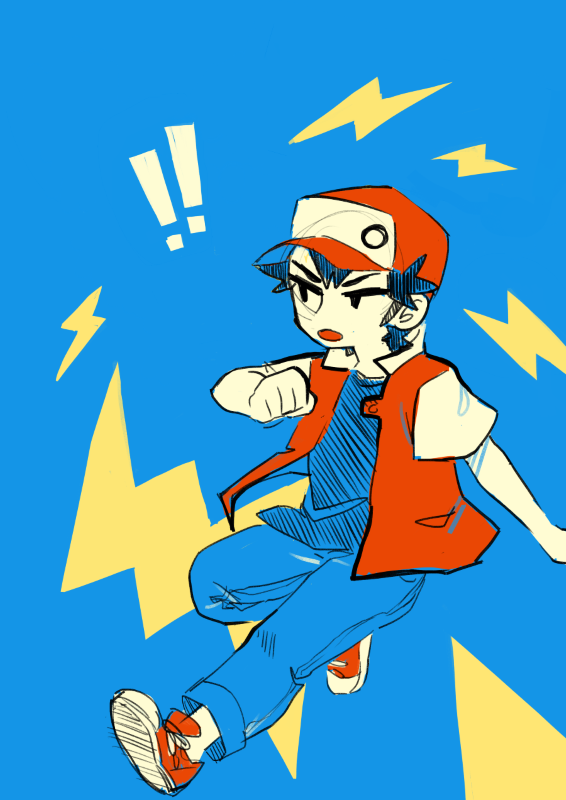 A young boy in a red coat and red hat is caught in the middle of running. Bolts of electricity surround his energized gait.