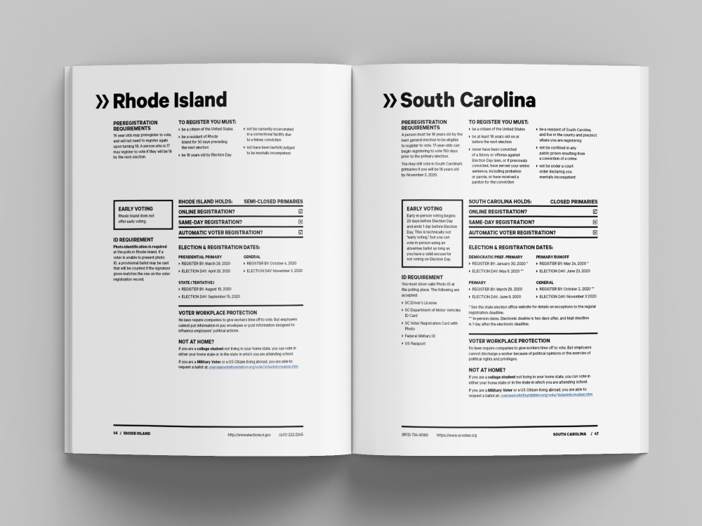 A magazine-like spread that features voting information for the states of Rhode Island and South Carolina.