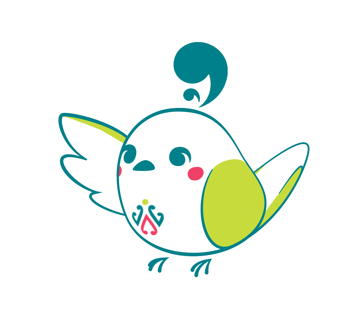 A small, egg-shaped bird holds out one wing. Her name is Aide and she carries a green, blue, and pink color scheme to match these Olympic Games.
