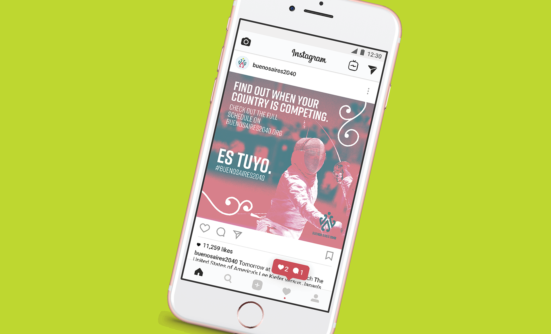 A mock-up social media post features a promo for an event.