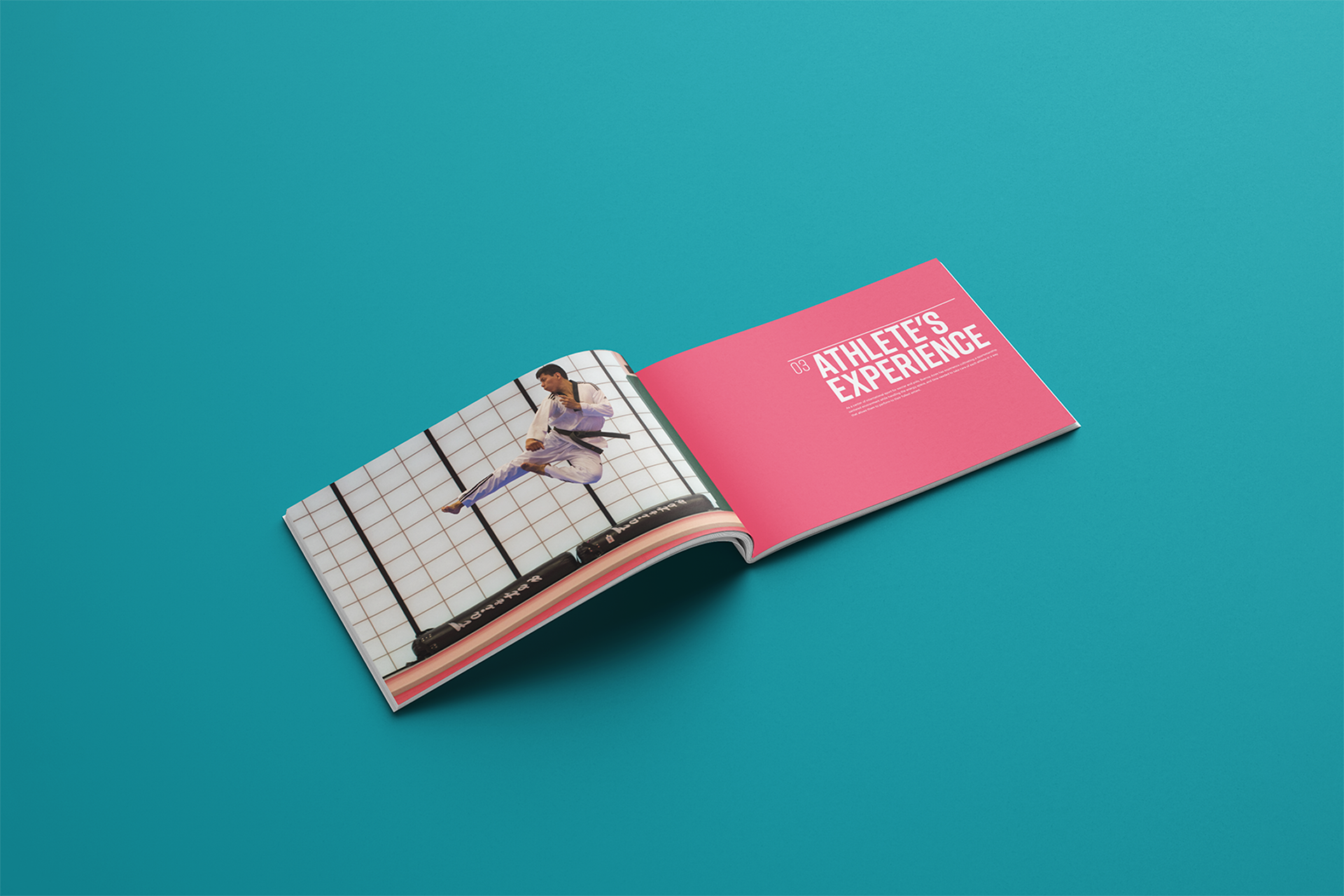 A proposal book spread for a hypothetical Olympics in the future. A martial artist flies through the air while kicking. A pink page features the headline: "Athlete's Experience."