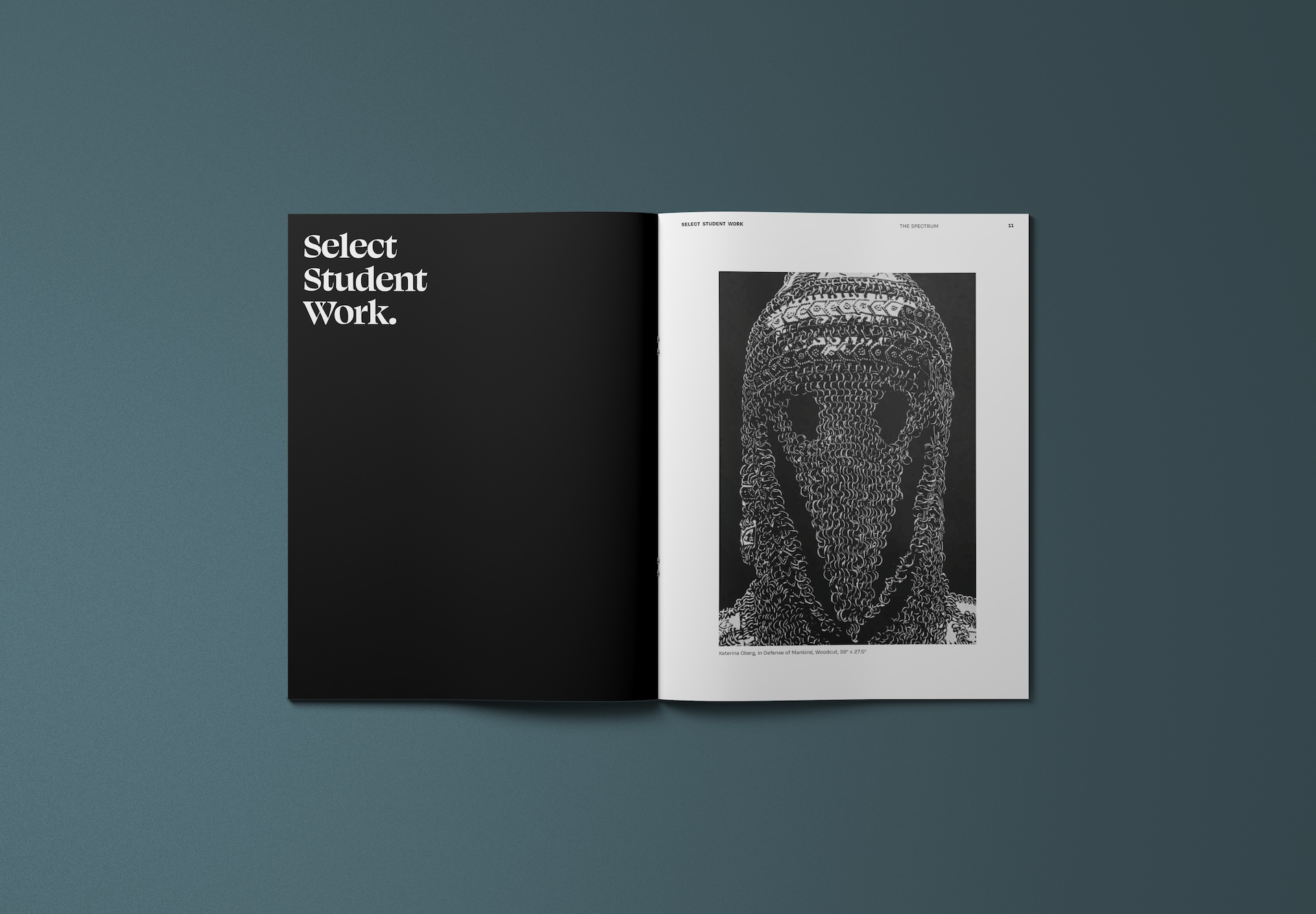 A stark, black page with the text 'Select Student Work.' is to the left of a single picture of a student piece. The piece illustrates a plague-doctor-like figure with a face made of chainmail in pure black and white..