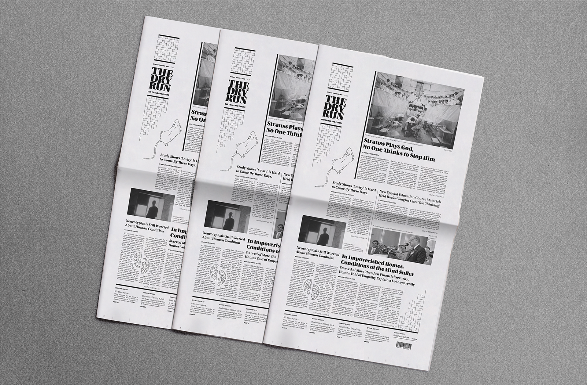 Three copies of the newspaper are laid out to feature the front page content. They are all overlapping one another.