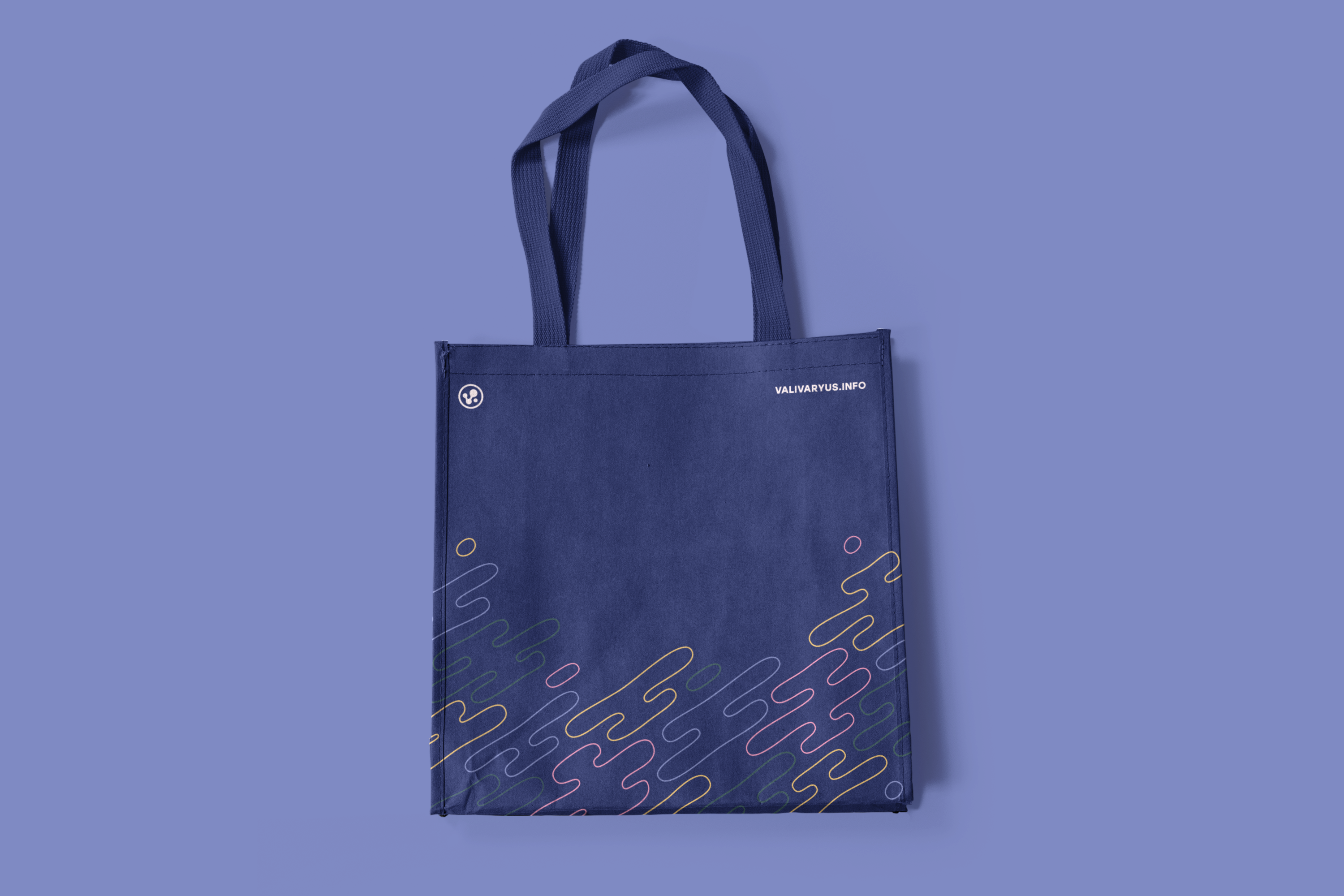 A tote uses a motif of organic blobs to adorn the bottom half, with the top corners sporting the initiative logo and link to the initiative's website